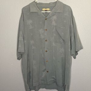 Tommy Bahamas Grey Green Button Up Collared Palm Trees 100% Silk Size Large